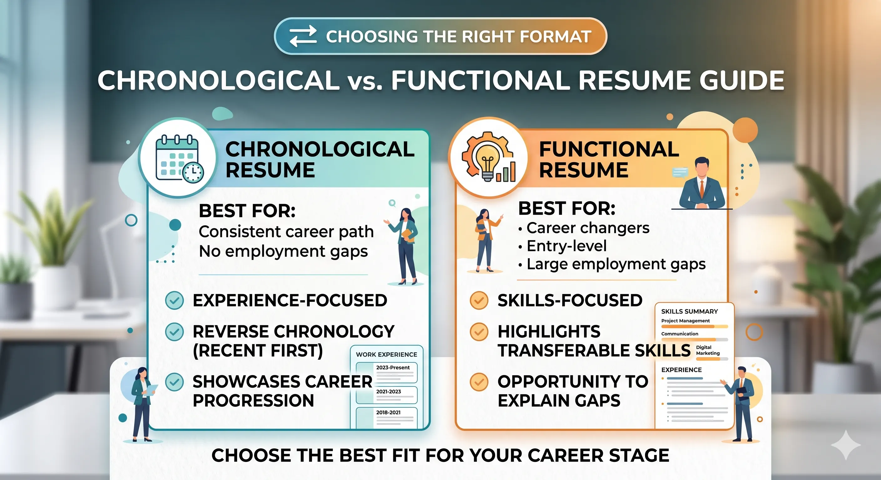 Chronological vs functional resume comparison chart showing key differences