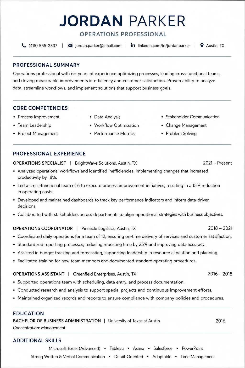 Focused resume example with skills-first format and core competencies section