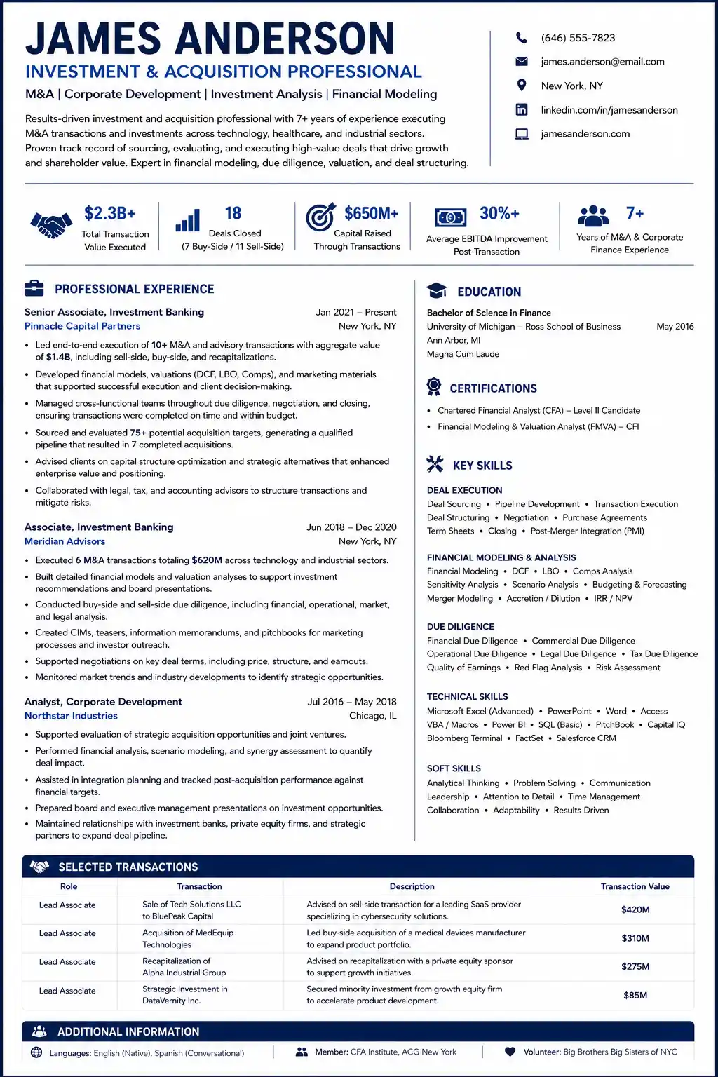 Complete investment and acquisition resume example with M&A experience and skills