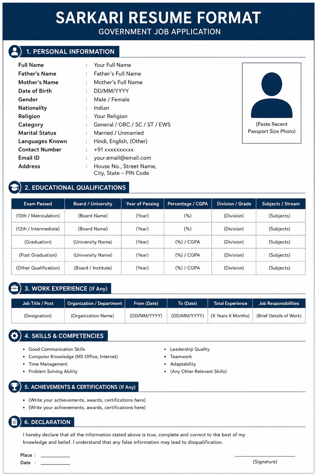 Sarkari resume format template showing complete government job resume structure