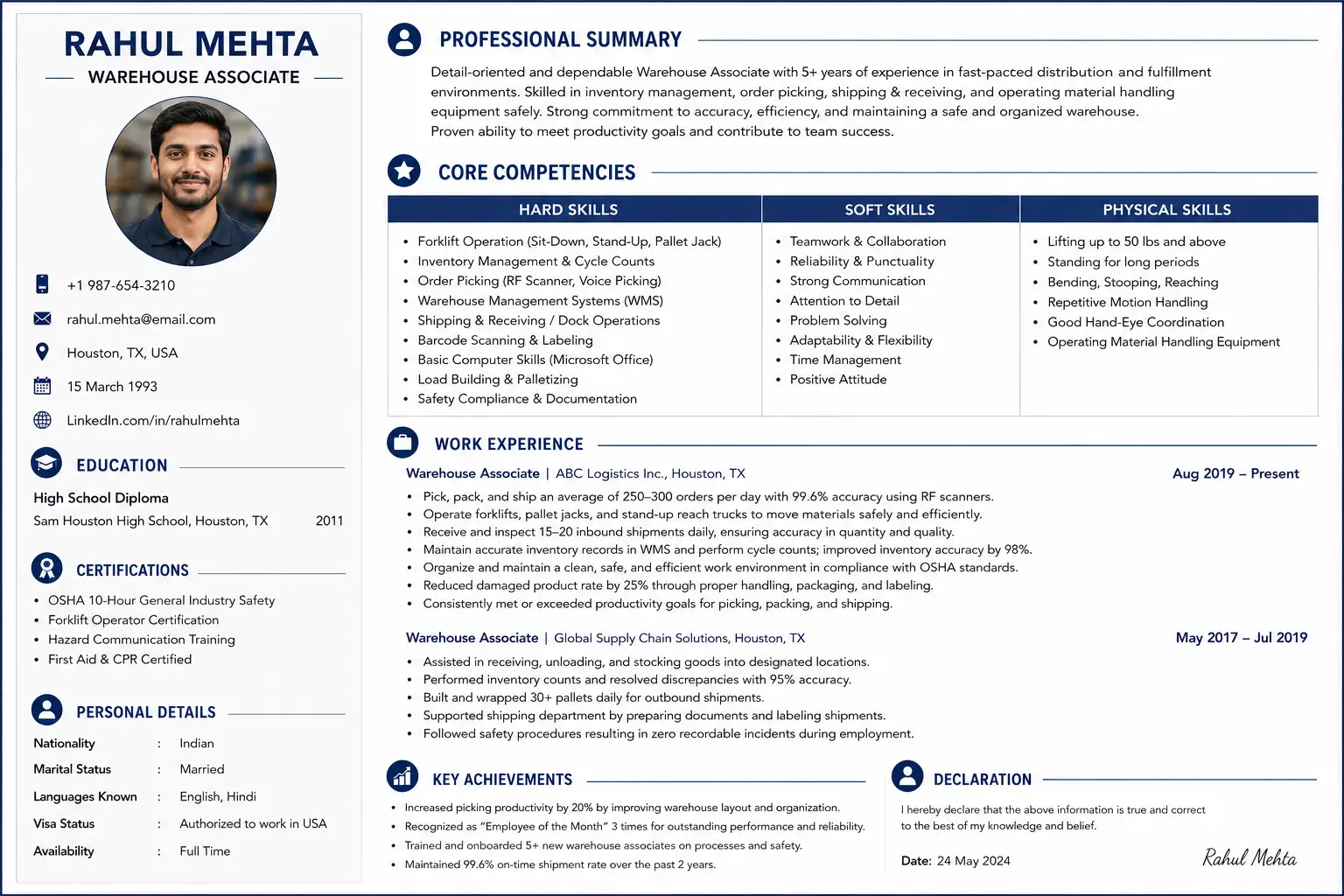 Complete warehouse resume example showing professional summary with warehouse skills, core competencies section with hard and soft skills, and work experience with quantified achievements for a warehouse associate position.