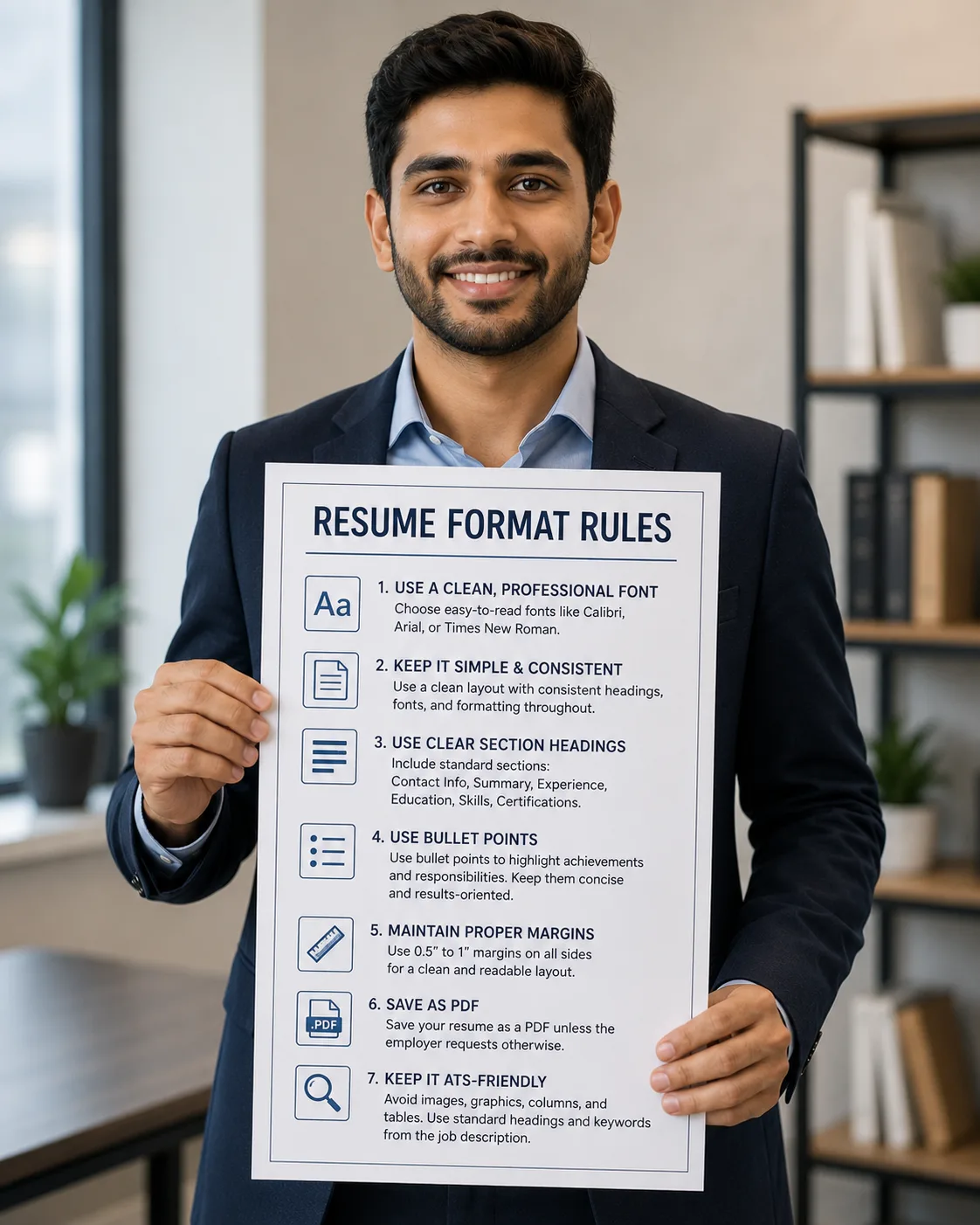 Resume format rules guide showing proper layout, margins, fonts, and sections