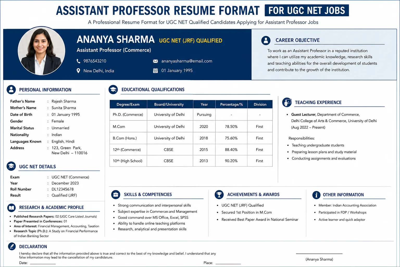 Assistant professor resume format for UGC NET qualified candidates