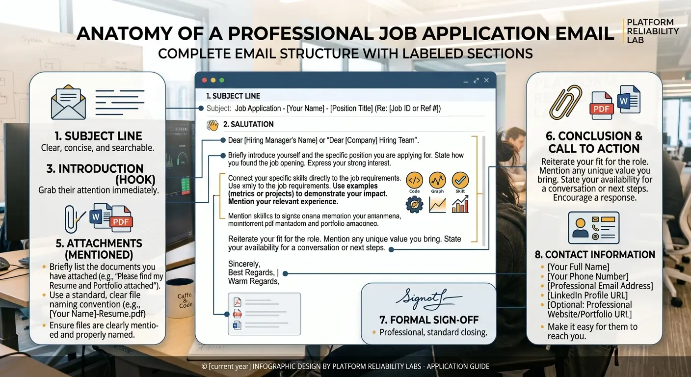 Job application email format and structure infographic showing all essential elements