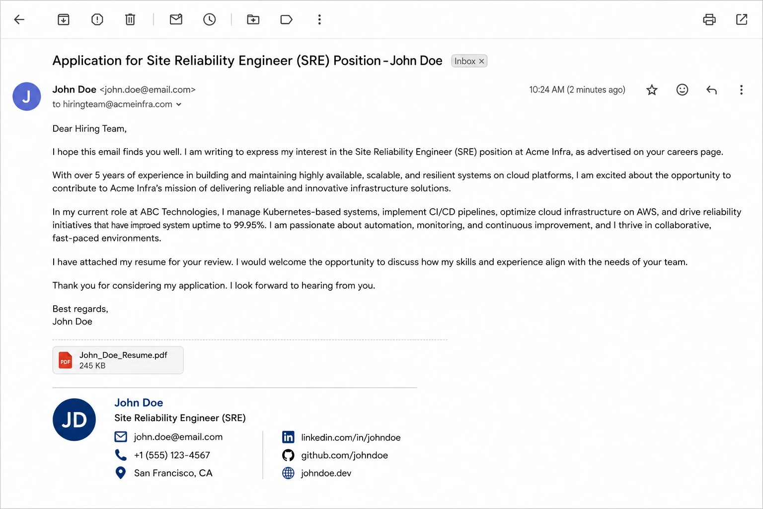 Professional job application email example screenshot showing subject line, body, and signature