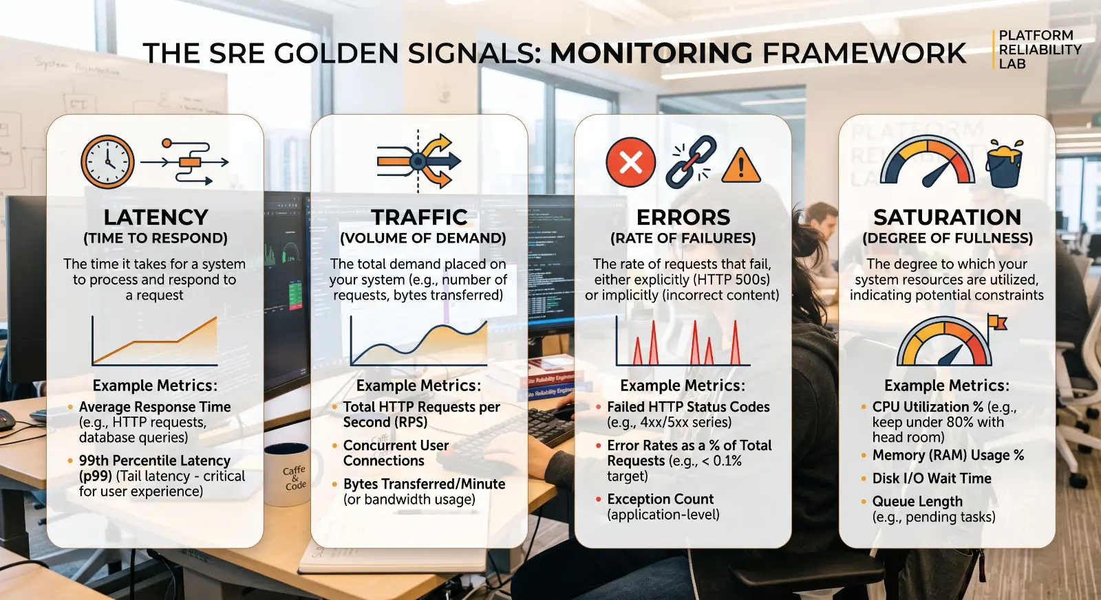 SRE Golden Signals infographic showing latency, traffic, errors, and saturation metrics